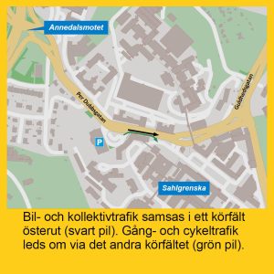 karta som visar att trafiken påverkas på Per Dubbsgatan mot Guldheden