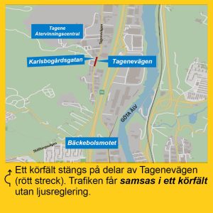 Karta över kommande trafikomledning vid Tagenevägen på Hisingen mars 2025.