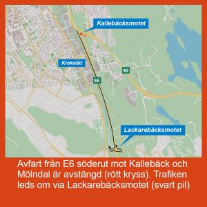 Karta som visar att avfarten från E6 söderut mot Kallebäck/Mölndal är avstängd och trafiken leds om via Lackarebäcksmotet