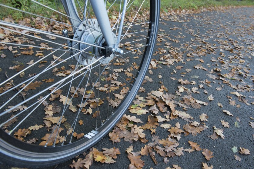 Håll koll på underlaget! Fuktiga löv som samlats på gång- och cykelbanor kan klibba ihop och bli glashala.