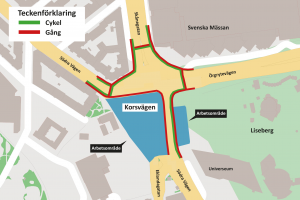 Karta som visar hur gång- och cykeltrafiken går vid Korsvägen 2020-2024.