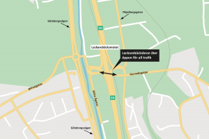 Karta som visar att Lackarebäcksbron nu åter är öppen för all trafik.