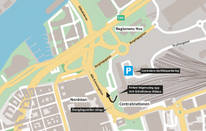 Karta som visar förbjuden vänstersväng från parkeringsfickan utanför Centralstationen vid First Hotel G.