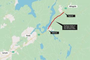 Karta som visar att sträckan av E20 mellan Tollered och Ingared är belägen någon mil väster om Alingsås.