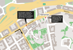 Karta över omledning för trafik till Stigbergstorget från Karl Johansgatan 