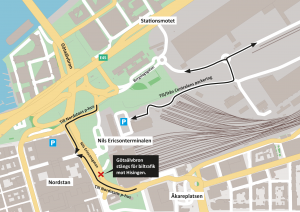 Karta som visar vägen till Nordstans p-hus och Centralens parkering.