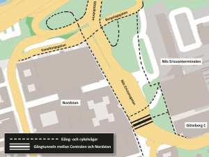 Karta som visar aktuella gång- och cykelvägar kring Nils Ericsonsgatan efter den 13 december 2020.
