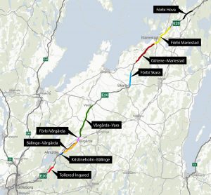 Karta som visar ombyggnationen av E20 genom Västra Götaland till mötesseparerad väg.