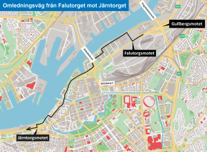 Karta som visar omledningsvägen från Falutorget mot Järntorget.