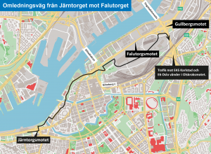 Karta som visar omledningsvägen från Järntorget mot Falutorget.