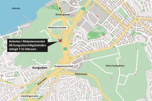 Karta som visar att avfarten i Rödastensmotet till Kungssten/Högsboleden stängs 7-21 februari.
