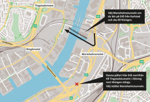 Kartan visar att rampen från E45 norrifrån till Tingstadstunneln mot Hisingen stängs samt alternativ körväg.