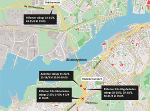 Karta som visar vilka anslutningar till Älvsborgsbron som stängs.