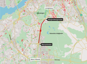 Karta över avstängningen av Dag Hammarskjöldsleden 29-30 april.