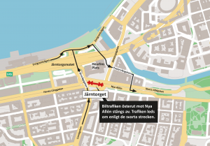 Karta som visar vilken sträcka på Nya Allén som är avstängd, plus omledningsväg för trafiken från Linnégatan och Järnvågsgatan.