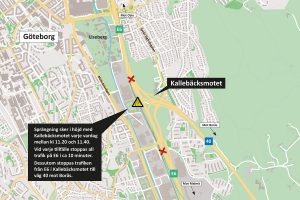 Kartan visar att trafiken på E6 stoppas i höjd med Kallebäcksmotet vardagar vid lunchtid på grund av sprängningar.