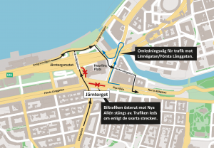 Karta som visar vilka anslutningar som stängs vid Järntorget och hur trafiken leds om i området. 