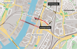 Karta som visar vilken sträcka på Södra Marieholmsbron som gång- och cykelbanan är avstängd. Omledningsväg för cyklister är också utmarkerad.