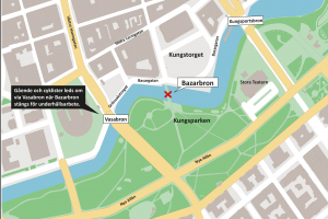 Karta över avstängningen av Bazarbron, gång och cykelbron mellan Kungsparken och Kungstorget.