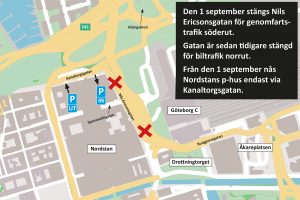 Karta som visar framkomligheten på Nils Ericsonsgatan från den 1 september, då in- och utfart till Nordstans p-hus sker via Kanaltorgsgatan.