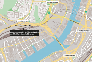Karta som visar vilken sträcka från Lundbyleden mot Marieholmstunneln som får sänkt hastighet.