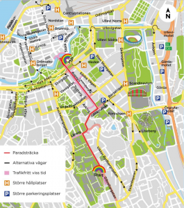 Karta som visar paradvägen från Chalmers till Bältesspännarparken. I kartan kan man också se alternativa körvägar och parkeringsmöjligheter.