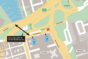 Karta som visar att Bergslagsgatan stängs i höjd med Nils Ericonsgatan. Dessutom är den nya vägen till Nordstans p-hus via Operagatan utmarkerad.