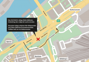 Karta som visar att Södra Sjöfarten och avfarten från Götatunneln stängs. Omledningsvägen via Kanaltorgsgatan och Bergslagsgatan är utmarkerad.