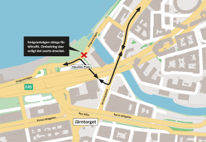 Karta som visar var Emigrantvägen stängs och hur trafiken leds om.