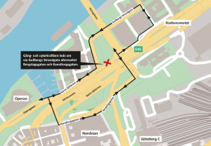 Karta som visar var Norra Sjöfarten stängs och hur gående och cyklister leds om.
