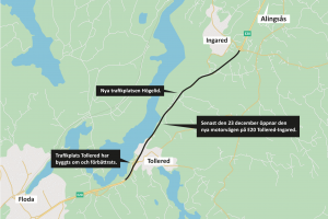 Karta som visar sträckan som har blivit motorväg på E20 mellan Tollered och Ingared. Den nya trafikplatsen Högelid och den befintliga trafikplats Tollered är utmarkerade. 