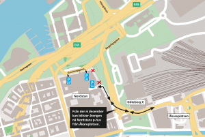 Karta som visar den öppna sträckan på Nils Ericsonsgatan. Symboler för in- och utfarter till Nordstans p-hus är utmarkerade.
