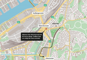 Karta som visar att påfarten från Olskroksmotet till E6 norrut stängs. Omledningsvägen från Redbergsvägen till Ullevimotet är utmarkerad. 