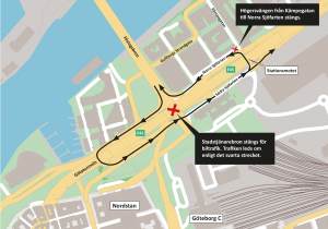 Karta som visar att Stadstjänarebron stängs för bilar och omledningsvägen.
