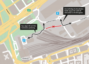 Kartan visar den nya omledningen för trafiken till och från Centralstationen mellan Gullbergsvass gatan och Kruthusgatan.