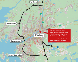 Karta som visar hur trafiken leds om när E6 stängs helt mellan Olskroksmotet och Ringömotet den 22-25 april.