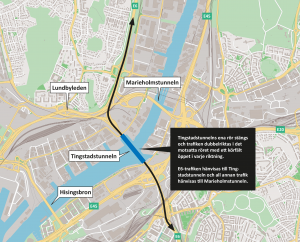 Karta som visar att arbeten ska starta i Tingstadstunneln och att trafiken därmed blir dubbelriktad i ena röret.