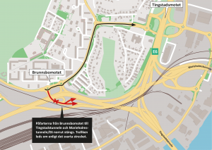 Karta som visar att påfarterna från Brunnsbomotet till Tingstadstunneln och Marieholmstunneln stängs. Omledningvägen via Tingstadsmotet är utmarkerat.