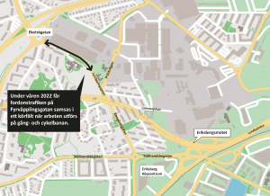 Kartan visar området vid Fyrväplingsgatan som påverkas under våren ledningsrabete 2022.