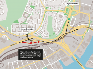 Karta som visar vilken sträcka som är avstängd från Lundbyleden mot Marieholmstunneln. Omledningsvägen via brunnsbomotet är också utmarkerat.