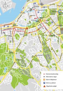Kartan visar de vägar som berör under förstamajtågen genom staden och hur det påverkar framkomlighten i centrala Göteborg.