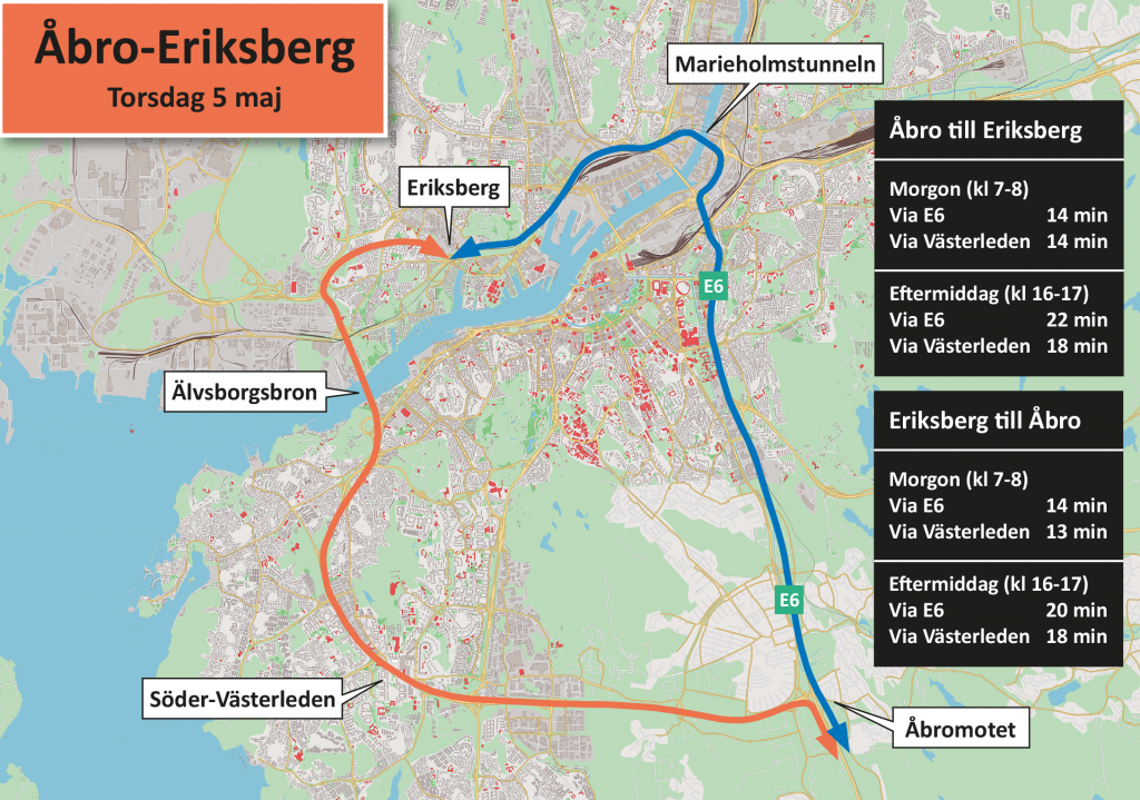 Karta som visar restider för Åbro-Eriksberg. den 5 maj