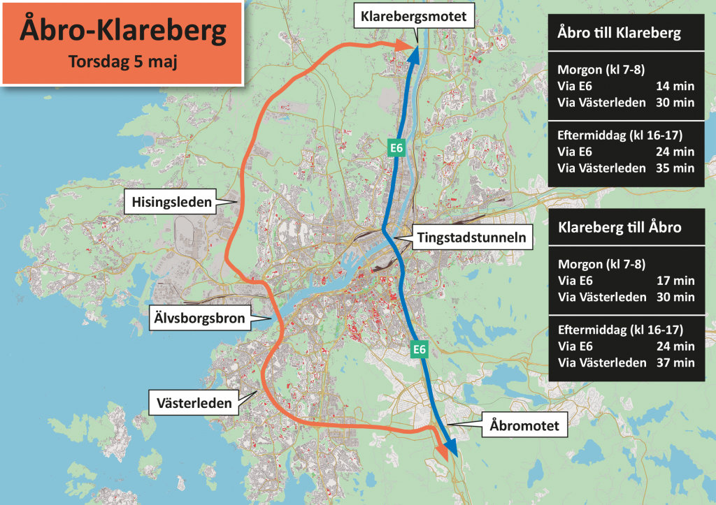 Karta som visar restider för Åbro-Klareberg. den 5 maj