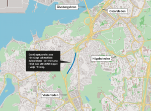 Karta som visar var Gnistängstunneln ligger i förhållande till Älvsborgsbron, Oscarsleden och Högsboleden.