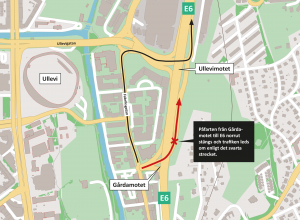 Karta som visar att påfarten från Gårdamotet till E6 norrut stängs och att trafiken leds om via Ullevimotet.