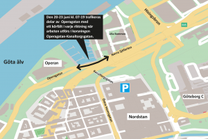 Kartan visar aktuell omledning av trafiken på Operagatan 20-23 juni 2022
