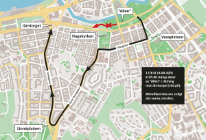 Karta som visar att delar av "Allén" i höjd med Hagakyrkan stängs i riktning mot Järntorget och att trafiken leds om via Vasaplatsen, Övre Husargatan och Linnégatan.