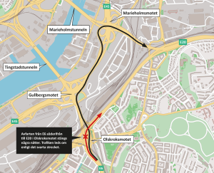 Karta som visar att avfarten från E6 söderifrån till E20 i Olskroksmotet stängs nattetid och trafiken leds om via Gullbergsmotet och Marieholmsmotet.