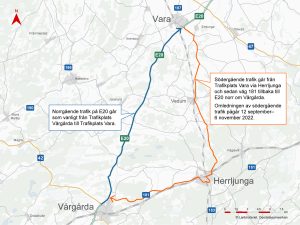 Karta som visar att trafiken på E20 mellan Vara och Vårgårda leds om via Herrljunga