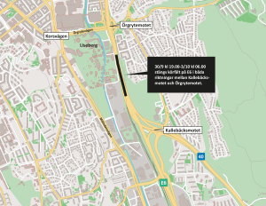 Karta som visar att körfält stängs på E6 mellan Kallebäcksmotet och Örgrytemotet.